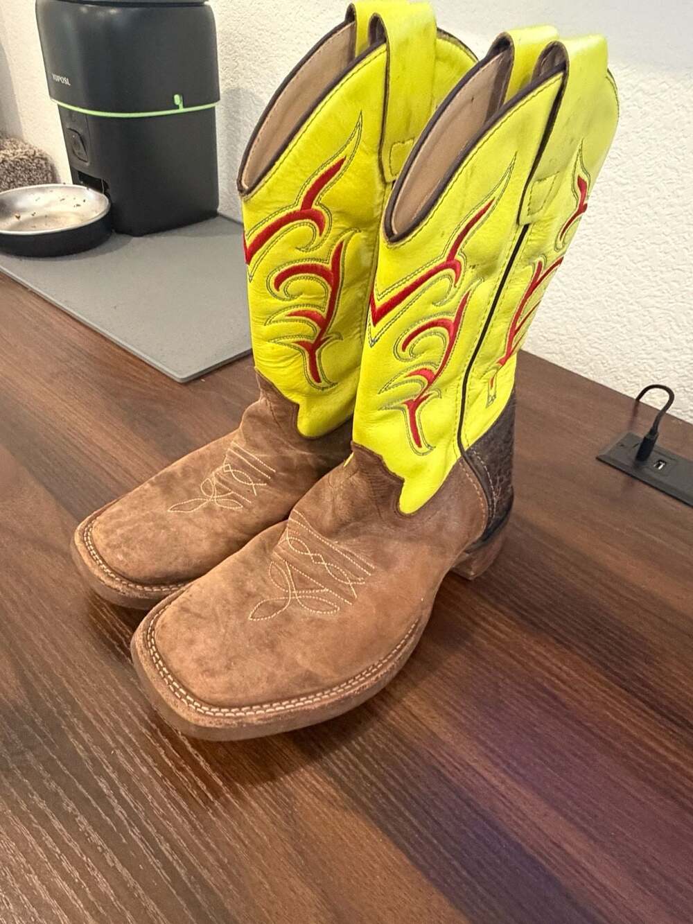 Old West Cowboy Boots Brown Lime Green Square Toe Leather Western